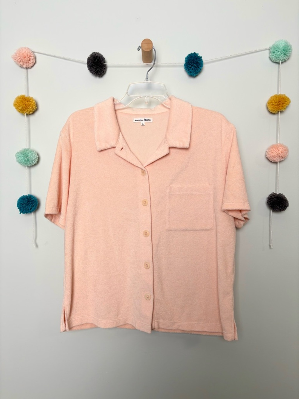 Reformation Jeans Towel Terry Short Sleeve Light Pink Button Up Polo - Picture 2 of 8